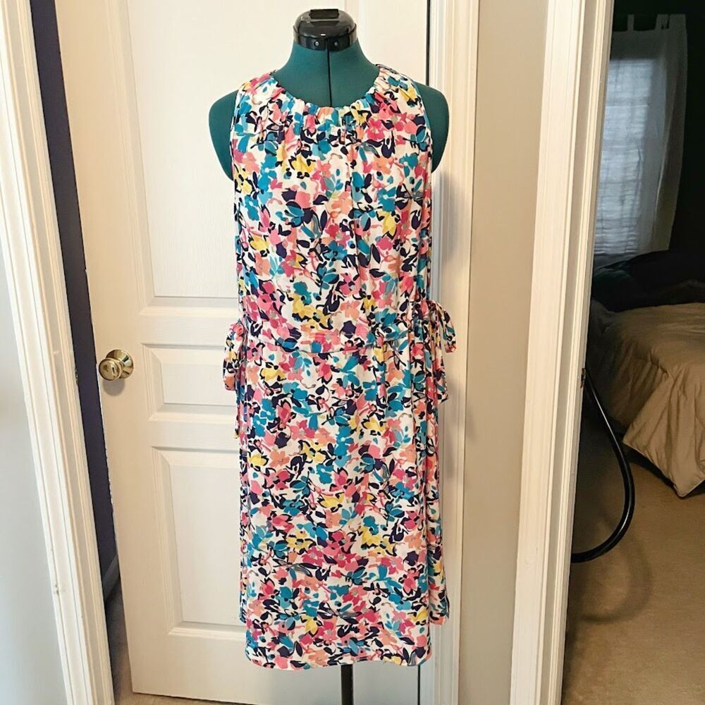 Juicy Couture Floral Multi Print Crepe Like Unlined Cinch Ties Knee Length Dress